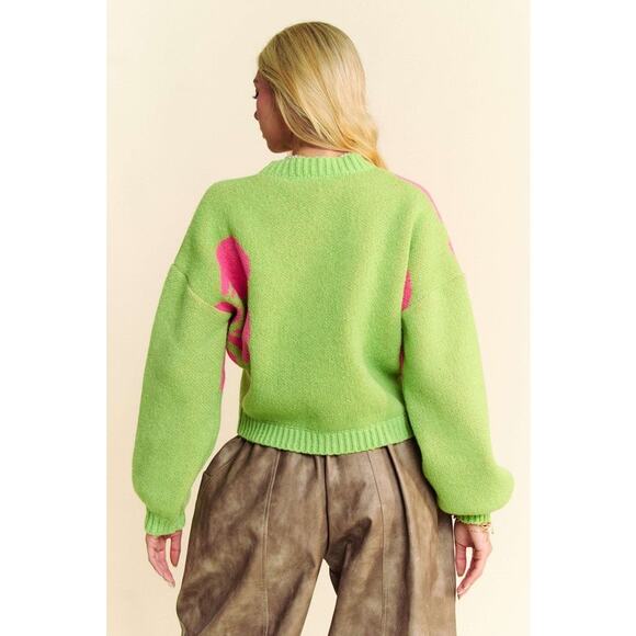Davi & Dani Flower Contrast Round Neck Long Sleeves Cropped Cardigan | Lime - Picture 4 of 6